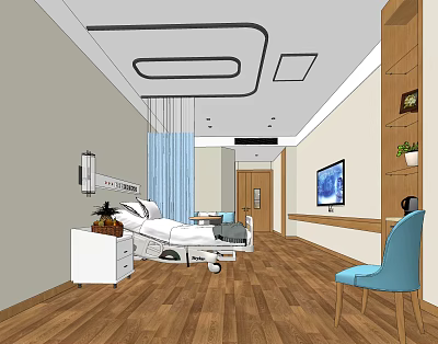 Modern Hospital Room Interior With Medical Bed TV Wooden Floor And Blue Chair 3d model