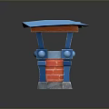 Small Structure With Blue Roof Red Brick Walls Blue Pillars Gray Base And Green Grass