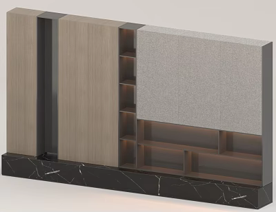 Modern Feature Wall Design With Wooden Panels Gray Panel And Black Marble Storage Shelves 3d model