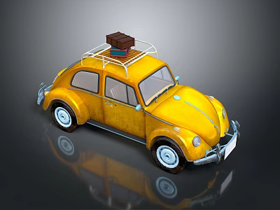 Yellow Vintage Volkswagen Beetle With Roof Rack And Brown Suitcase On Reflective Surface 3d model
