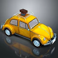 Yellow Vintage Volkswagen Beetle With Roof Rack And Brown Suitcase On Reflective Surface