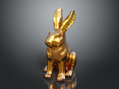 Golden Rabbit Statue In Sitting Position With Shiny Metallic Finish Against Dark Background 3d model