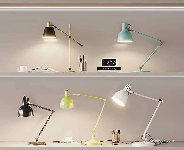 Stylish Desk Lamps with Adjustable Arms in Black Green White and Clock for Home Office 3d model 