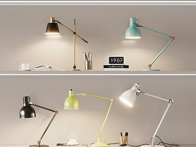 Stylish Desk Lamps with Adjustable Arms in Black Green White and Clock for Home Office 3d model