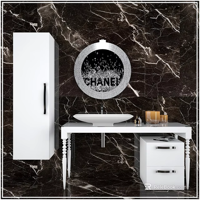 Luxury Washbasin Vanity With White Cabinet Round Mirror CHANEL Logo And Marble Background 3d model 