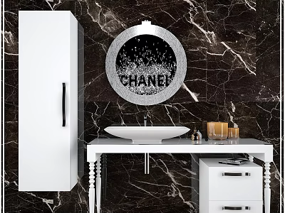 Luxury Washbasin Vanity With White Cabinet Round Mirror CHANEL Logo And Marble Background 3d model