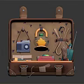 Open Brown Suitcase With Camera Kettle Rope Books And Colorful Box