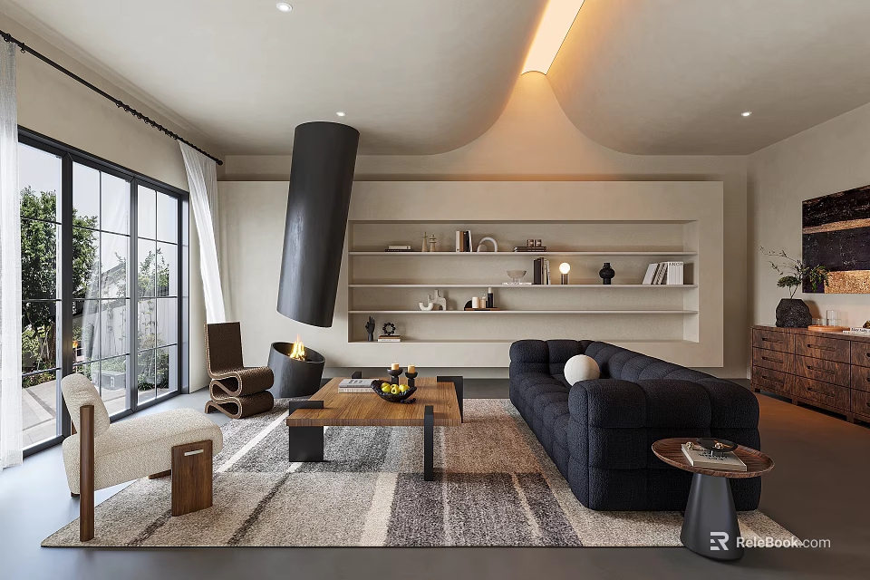Modern Living Room Interior With Large Windows Black Sofa Wooden Coffee Table And Decor Shelves 3d model 