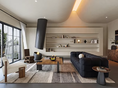 Modern Living Room Interior With Large Windows Black Sofa Wooden Coffee Table And Decor Shelves 3d model