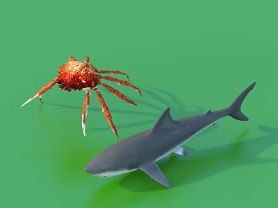 Detailed Aquatic Animals Red Crab And Shark On Green Background 3d model