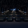 Modern Cinema Interior With Starry Ceiling Blue Lighting And Rows Of Comfortable Black Seats