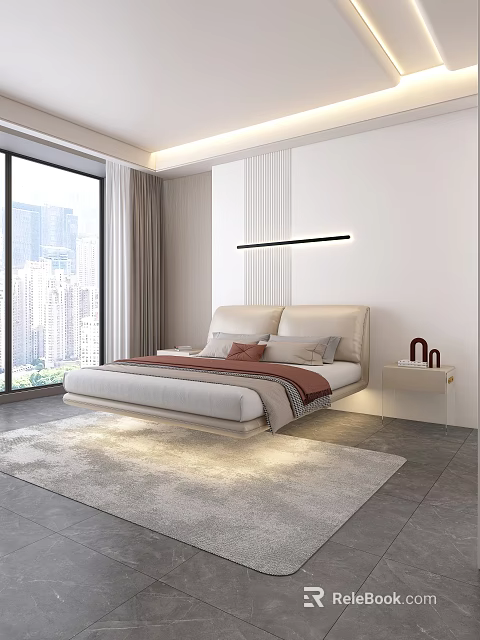 Modern Double Bed Bedroom Interior With Floor-to-ceiling Window City View Bedside Light And Nightstand 3d model 