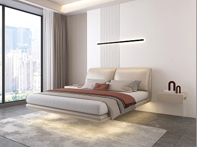 Modern Double Bed Bedroom Interior With Floor-to-ceiling Window City View Bedside Light And Nightstand 3d model