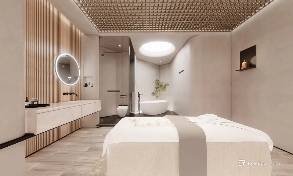 Modern Beauty Salon Interior With Massage Bed Flower Petals And Wooden Walls 3d model 