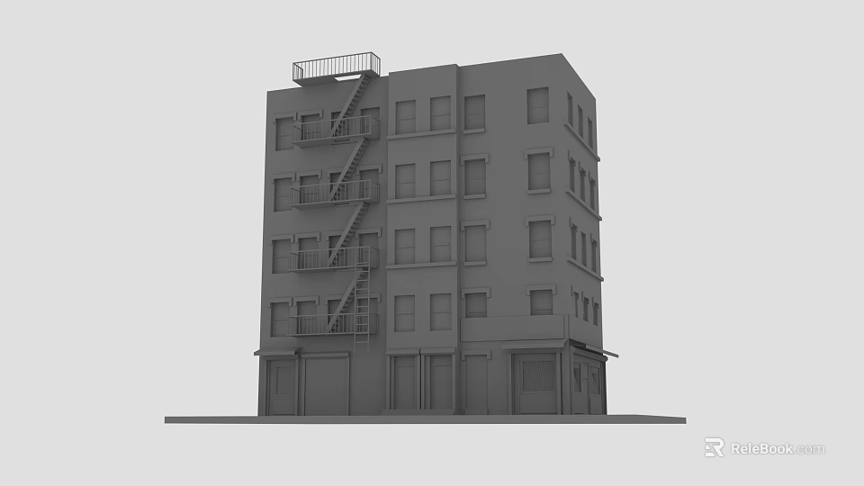 Multi Story Gray Building With Fire Escape Windows And Ground Floor Doors 3d model 