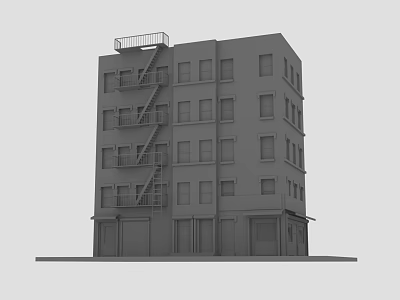 Multi Story Gray Building With Fire Escape Windows And Ground Floor Doors 3d model