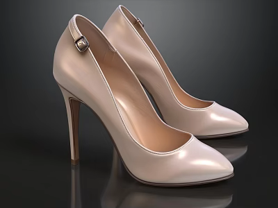 Light Beige Leather High Heels With Pointed Toe And Metal Buckle Design 3d model