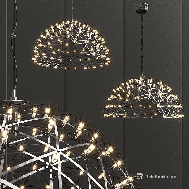 Stylish Chandeliers With Metal Frame And Small Glowing Lights Against Dark Wall 3d model 