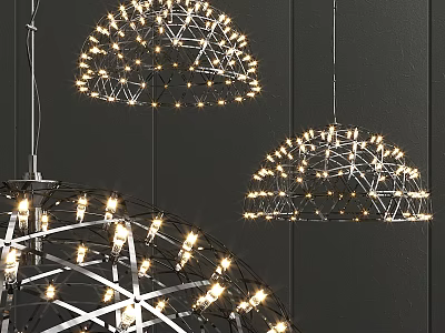 Stylish Chandeliers With Metal Frame And Small Glowing Lights Against Dark Wall 3d model