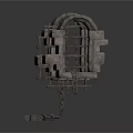 Medieval Stone Architectural Component With Archway Iron Bars and Hanging Chains