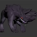 Purple Wolf 3D Model in Crouching Pose with Red Eyes Sharp Teeth and Feathery Tail