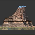 Ancient Architectural Structure with Multiple Tiered Stone Steps and Blue Elements on Green Grass Base