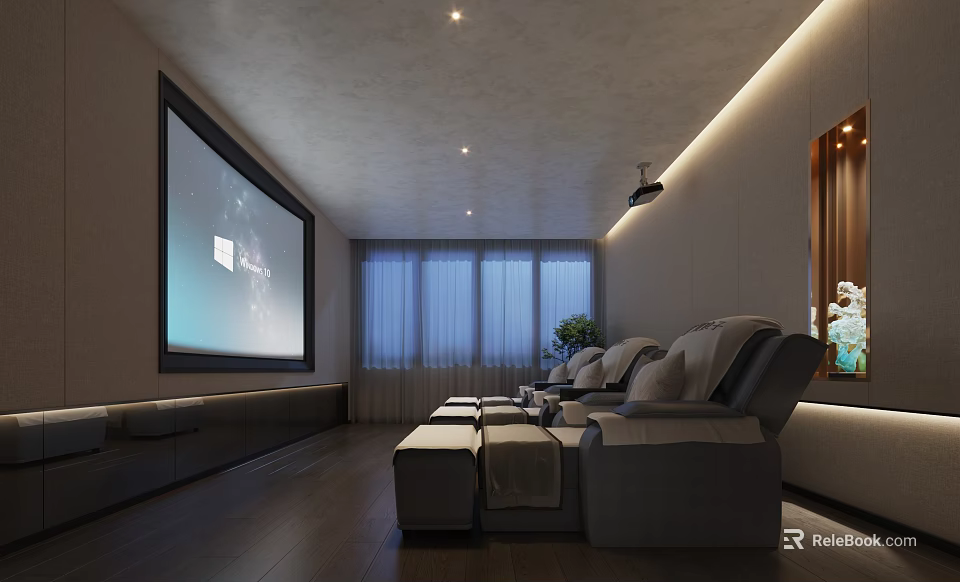 Modern Clubhouse Interior With Large Projection Screen Comfortable Recliners And Modern Lighting 3d model 