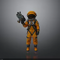 Astronaut In Orange Spacesuit Holding Futuristic Device On Gray Backdrop