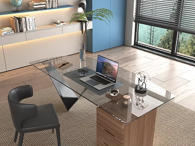 Modern Glass Top Wooden Base Desk With Laptop Decorative Items Green Plant And Window 3d model