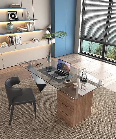 Modern Glass Top Wooden Base Desk With Laptop Decorative Items Green Plant And Window 3d model