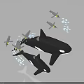 Two Black Orcas Swimming With Drones And Blue Lights In Dark Background 3d model