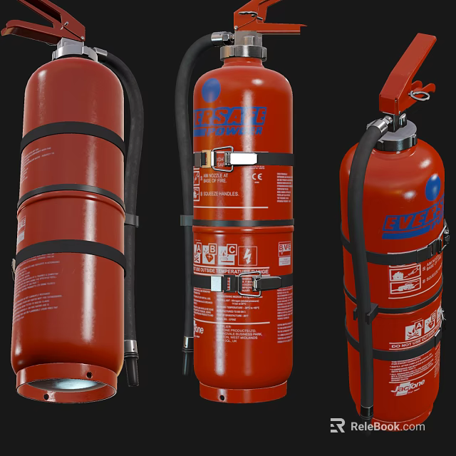 Red Fire Extinguishers with Black Straps Hoses and Safety Labels for Commercial and Industrial Safety 3d model 