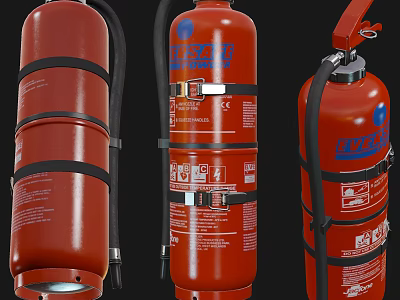 Red Fire Extinguishers with Black Straps Hoses and Safety Labels for Commercial and Industrial Safety 3d model