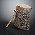 Wooden Stump With Axe And Natural Texture On Dark Background 3d model