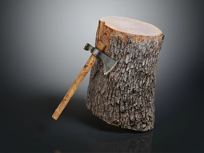 Wooden Stump With Axe And Natural Texture On Dark Background 3d model