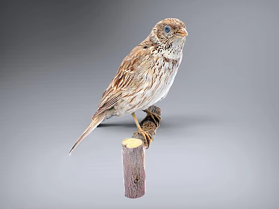 Small Brown Feathered Bird Perched On Wooden Stump Against Gray Background 3d model