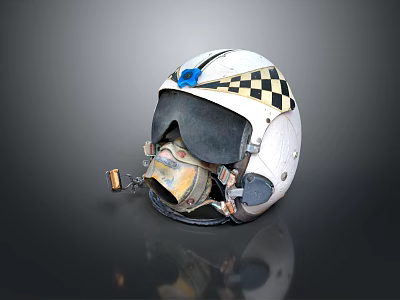 White Aviator Helmet With Blue And White Checkered Pattern Face Mask And Metallic Parts 3d model