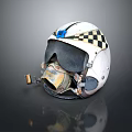 White Aviator Helmet With Blue And White Checkered Pattern Face Mask And Metallic Parts