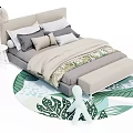 Modern Double Bed With Upholstered Headboard Pillows Bedspread Leaf Pattern Rug And Footstool 3d model