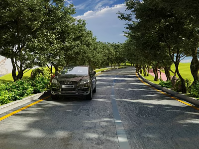WellMaintained Road Infrastructure With Black Car Lush Trees Green Belts And Blue Sky 3d model