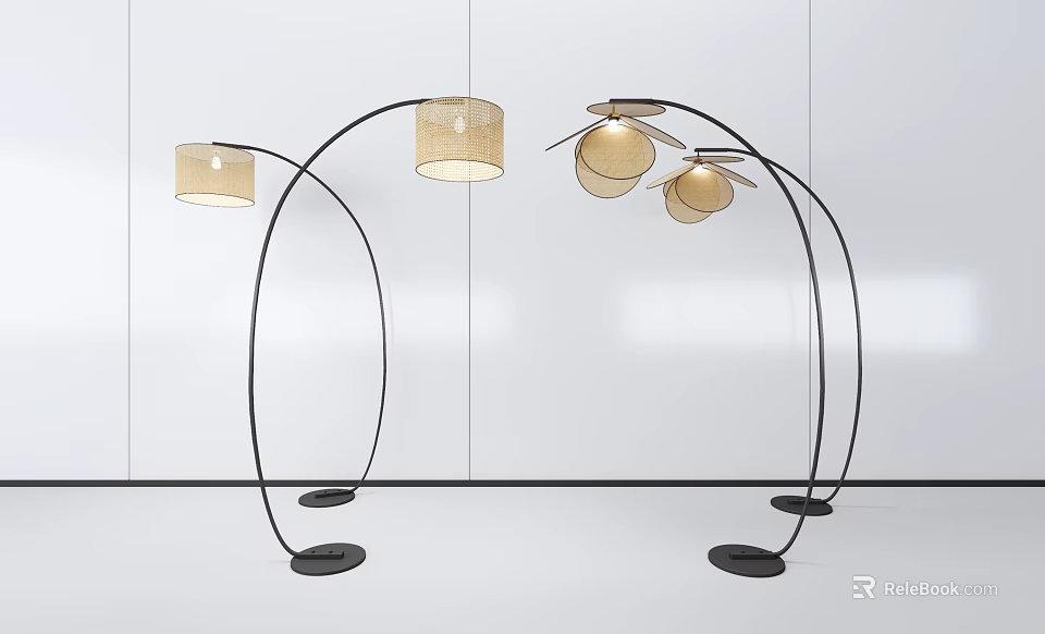 Elegant Modern Arched Floor Lamp Design With Fabric Shades And Black Metal Stand For Living Room 3d model 