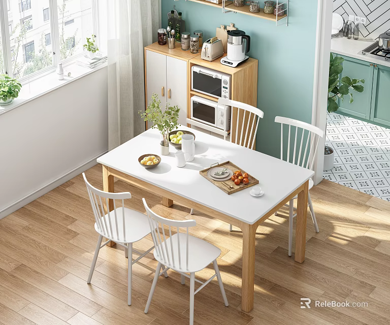 Bright Modern Dining Room with White Table Chairs Fruits Plants Cabinets Microwave and Coffee Maker 3d model 