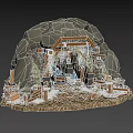 Cartoon Scene Of Rock Cave With Wooden Structure Lanterns Vines And Barrels