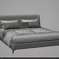 Double Bed with Light Gray Headboard Plaid Pattern Pillows and White Quilt with Black Lines 3d model