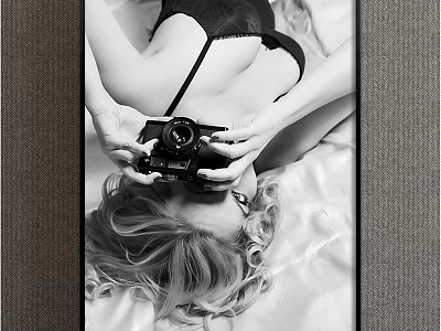 Black and White Figure Painting of Woman Lying on Bed Holding Camera 3d model