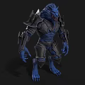 Blue Muscular Wolf Creature In Black Armor Standing Fantasy Character Design