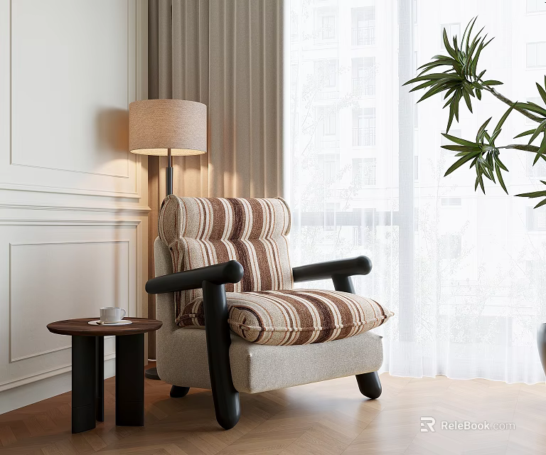 Stylish Retro Striped Fabric Upholstered Leisure Chair For Cozy Sunlit Living Room Relaxing Space 3d model 