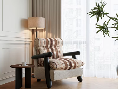 Stylish Retro Striped Fabric Upholstered Leisure Chair For Cozy Sunlit Living Room Relaxing Space 3d model