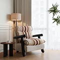Stylish Retro Striped Fabric Upholstered Leisure Chair For Cozy Sunlit Living Room Relaxing Space