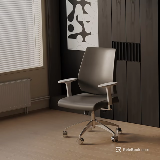 Sleek Gray Office Chair With Armrests Wheels In Modern Interior With Window And Art 3d model 